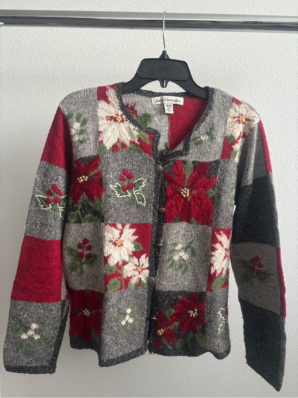 Vintage david brooks Red, Gray & Black Patchwork Poinsettia Cardigan